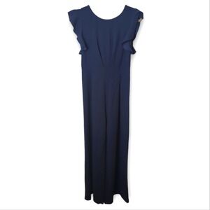 Kailee Ruffle Sleeve Pleated Bodice Navy Blue Wide Leg Jumpsuit Size S